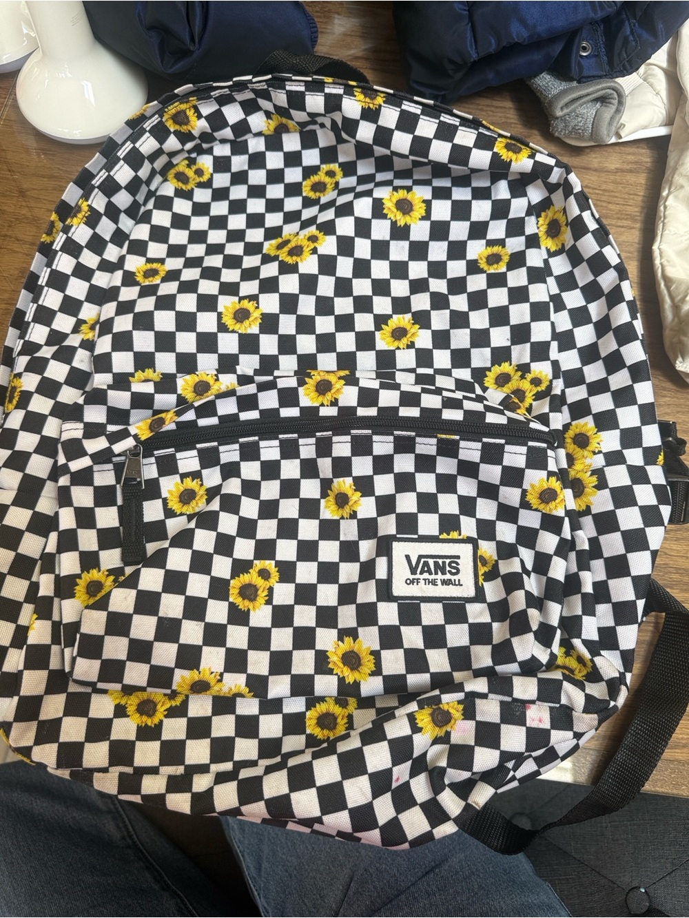 Vans Kids Checkerboard Backpack with Yellow Sunflower Print